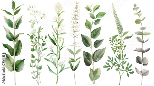 Assorted botanical illustration of various green leafy branches and foliage with a white background.