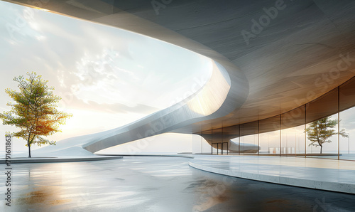 Contemporary Minimalist Architecture: Abstract Concrete Curved Walls, Open Courtyard, Podium Display Area - Museum Plaza Showroom Environment Mockup photo