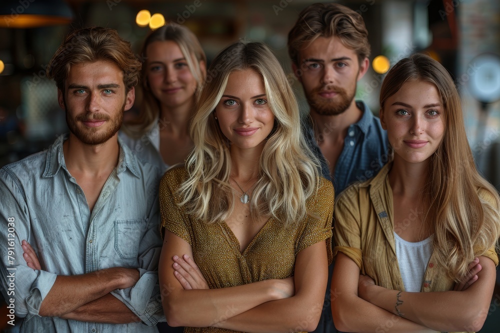 Obraz premium Five friends are posing for a photo, with three women in front and two men behind them, all looking confident