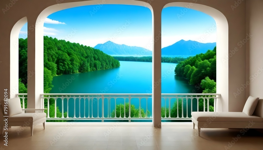 3D Beautiful lake and tower view from balcony wallpaper
