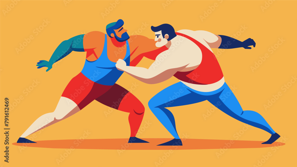 Straining against each other two wrestlers engage in a grueling battle for dominance employing a variety of grips and throws unique to Russian Straining against each other two wrestlers engage in a grueling battle for dominance employing a variety of grips and throws unique to Russian