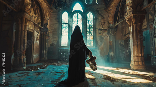 Pagan woman covered head black hood silk cape