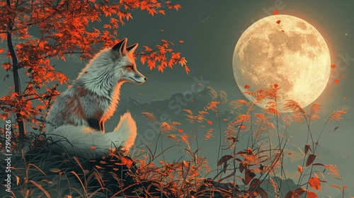 Ukiyoe style art of a fox under a full moon, soft lighting, low angle view, tranquil setting