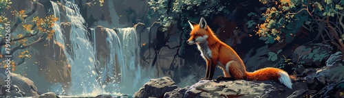 Ukiyoe artwork, fox near waterfall, natural daylight, low camera angle, vibrant colors photo