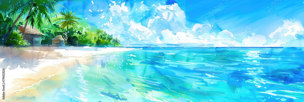 A painting depicting a vibrant tropical beach with tall palm trees, clear blue waters, and white sandy shores under a sunny sky