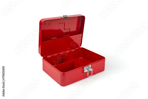 Red first aid kit box, opened and isolated on white background, empty copy space for product placement © Dorin