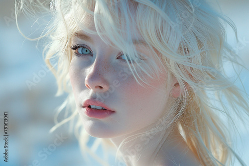 Portrait of young albino woman with short hair and blue eyes in sun light. International Albinism Awareness Day concept