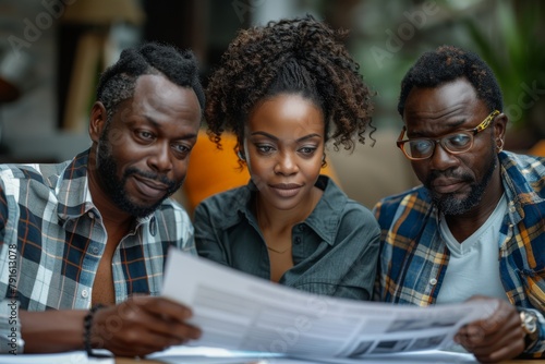 A group of three adults deeply engrossed in reviewing documents, displaying teamwork and concentration photo