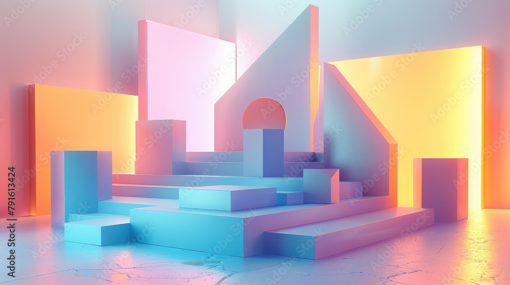 3D rendering of geometric shapes with soft lights and gradient background. The scene consists of three large squares, a triangle, four countertops on the ground. Generative AI.