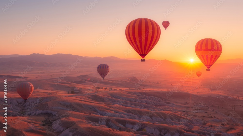 A group of hot air balloons flying over a desert area, AI A group of hot air balloons flying over a desert area, AI
