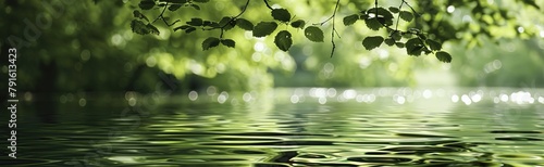 Blurred Background of Water and Green Trees with Sunlight Reflection: Abstract Nature Banner for Summer or Spring