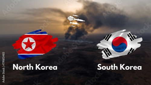North Korea and South Korea represent political, military, and economic relations, conflicts, peace, and unity. North Korea vs South Korea, photo