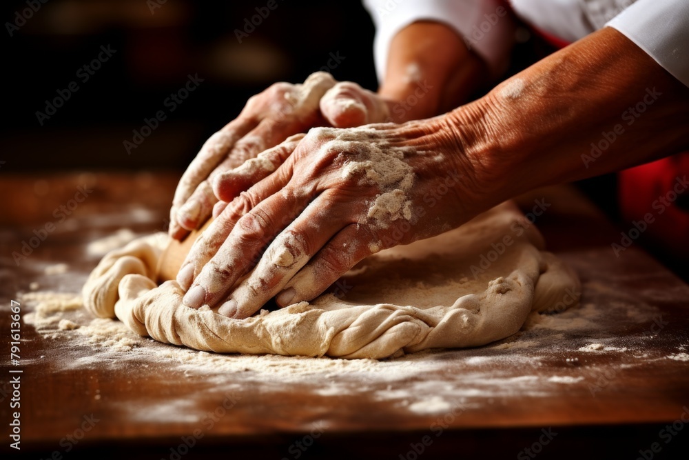 Elderly Woman Kneading Dough on Table AI generated