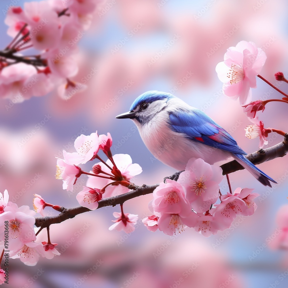 Spring background. Bird Sitting on Branch With Pink Flowers AI generated