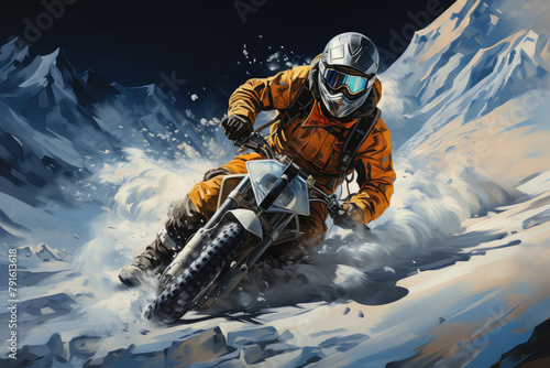 A man wearing winter gear riding a motorcycle in a snowy landscape during a snowstorm