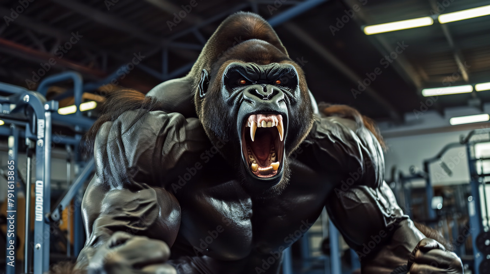 A muscle heavy strong King Kong or Gorilla roaring in fitness gym A muscle heavy strong King Kong or Gorilla roaring in fitness gym