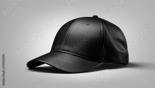 A black baseball cap is sitting at a slight angle on a pale gray surface.

