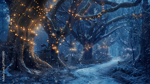 Pathway through old trees with magic lights