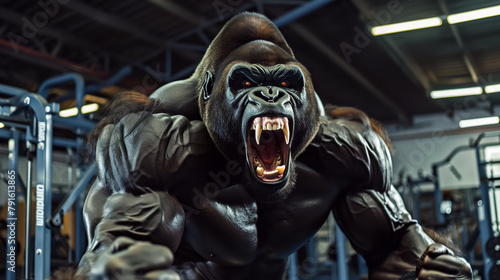 A muscle heavy strong King Kong or Gorilla roaring in fitness gym  © Alice a.