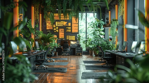 Modern office, Ancient Jungle Scenes with Modern Digital Screens. Generative AI. © visoot