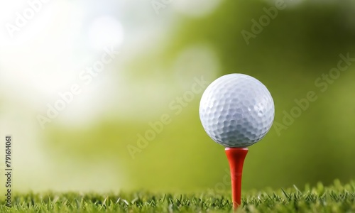 A white golf ball on a tee in a grassy field with a blurred green background