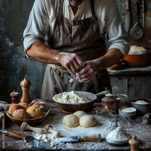 Baker Kneading Dough with Flying Flour. Hands of a baker kneading fresh dough with a cloud of flour on a wooden worktop.