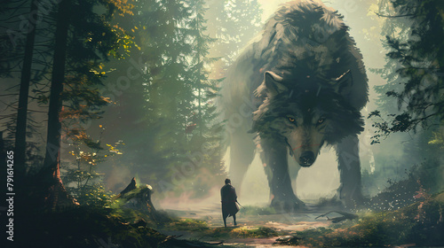 Person confronts with a giant wolf in the forest.