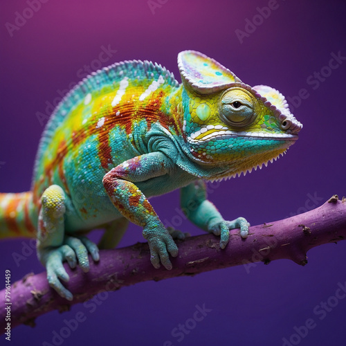 Vibrant Green and Yellow Chameleon Perched on Tree Branch Outdoors