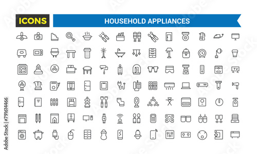 Household Appliances And Home Icons Set, Set Of Refrigerator, Freezer, Washing Machine, Dishwasher, Cooker, Hob, Gas Stove, Kitchen Hood, Coffee Machine Vector Icons, Vector Illustration