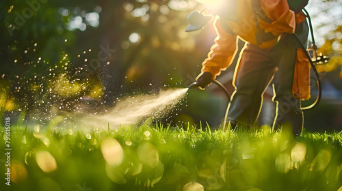 Worker spraying pesticide on a green lawn outdoors for pest control: A close-up view. Concept Pesticide Application, Pest Control, Green Lawn, Close-up Shot, Outdoors