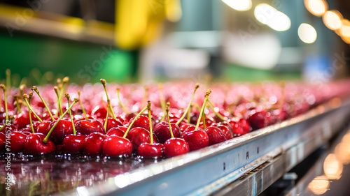 Red ripe cherries on a wet conveyor belt in a packing warehouse. Sorting of cherries on a conveyor. 

 photo
