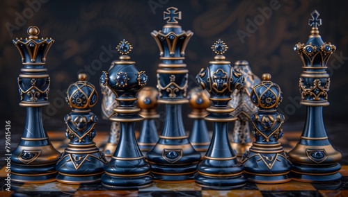 Ornate blue and gold chess set displays intricacy and luxury on a reflective surface