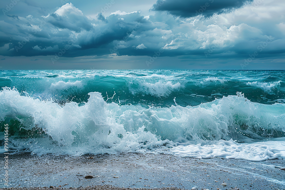 Fototapeta premium From a lonely beach - a stormy sea's tumultuous waves mirror the chaotic turmoil of thoughts that churn within the storm of anxiety