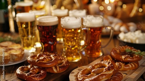 Assorted Beers and Pretzels on a Wooden Table