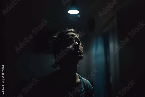  dark room with a single light illuminating a worried face, capturing the isolation and focus on negative thoughts characteristic of anxiety