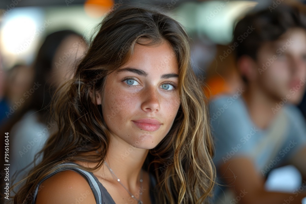 Close-up of a young woman with striking blue eyes and flowing hair, amidst a blurry background Close-up of a young woman with striking blue eyes and flowing hair, amidst a blurry background