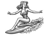 retro pin-up girl in stylish beachwear surfing on wave, grace and balance sketch engraving generative ai fictional character raster illustration. Scratch board imitation. Black and white image.