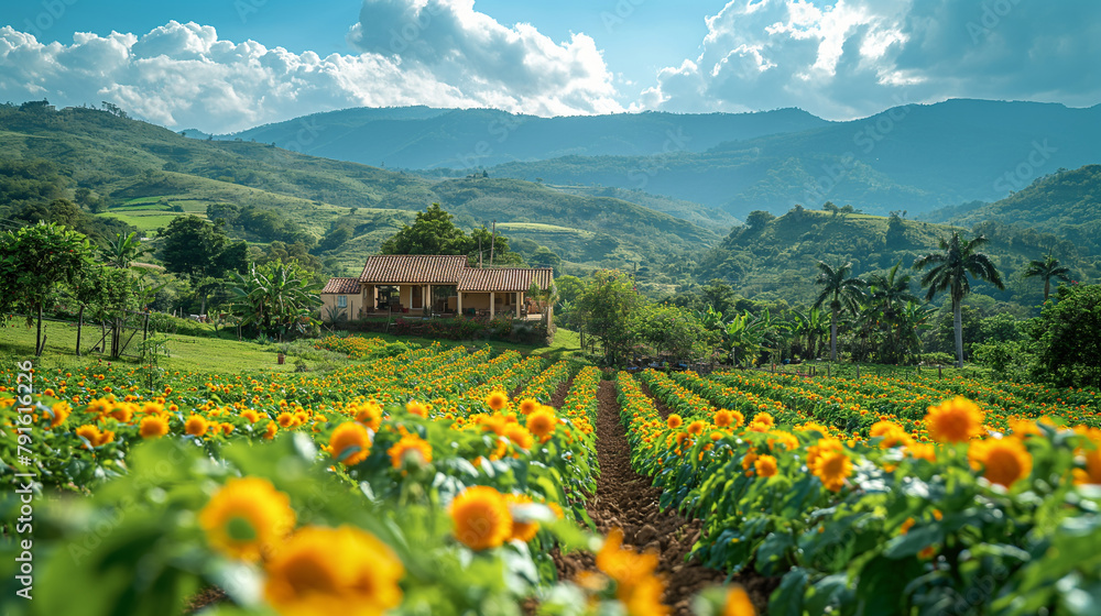 16. Agroecological Harmony: A bucolic countryside landscape where farmers practice agroecology, blending traditional farming techniques with ecological principles to cultivate heal