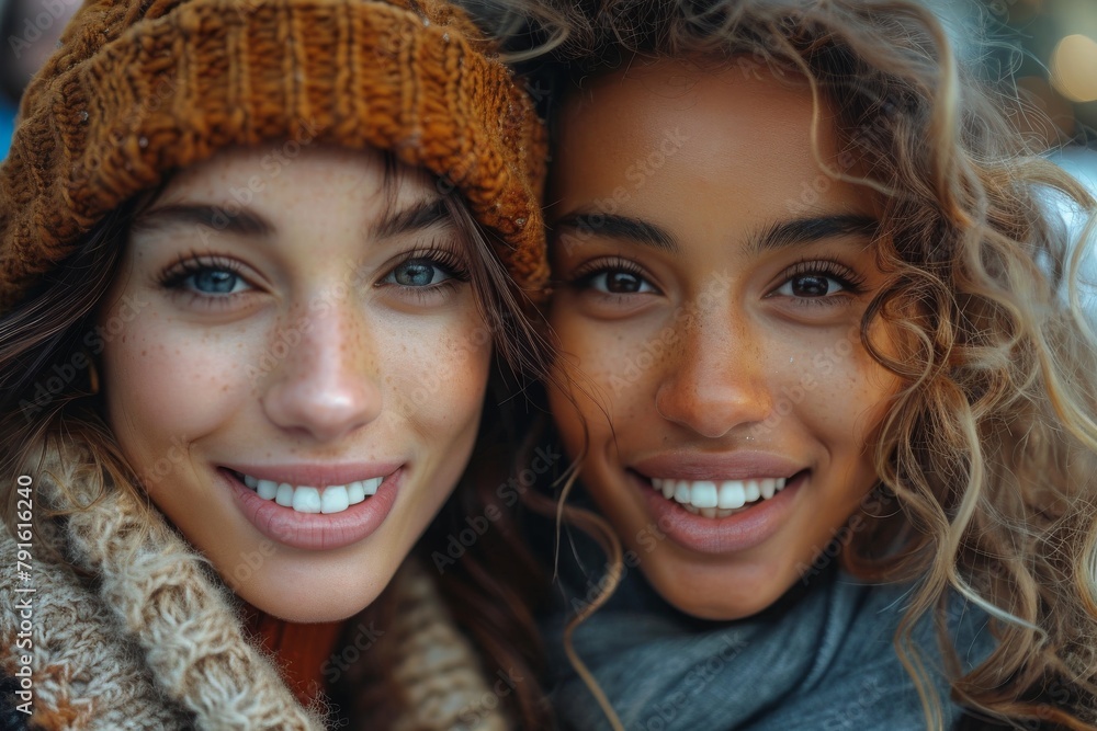 Close-up of two diverse friends smiling and hugging, wearing knitted hats and scarves Close-up of two diverse friends smiling and hugging, wearing knitted hats and scarves