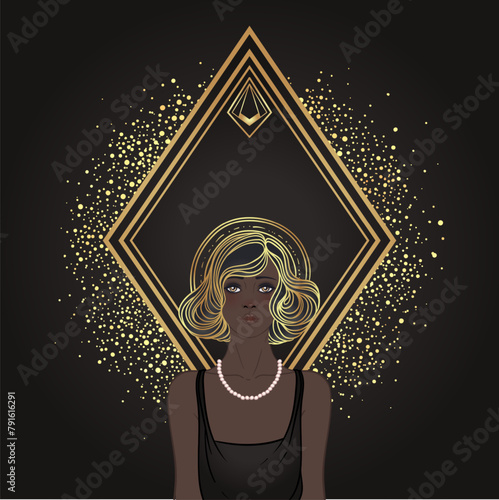 Retro fashion, glamour girl of twenties. African American woman. Vector illustration. Flapper 20s style. Vintage party invitation design template. Fancy black lady.