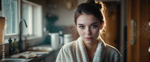 young adult Caucasian woman, age 20, wearing bathrobe and standing in the kitchen early in the morning, old house and old building, early riser or all-nighter and hangover the next day photo