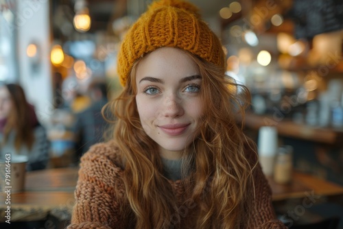 A youthful, cheerful woman wearing a yellow knitted hat smiles at a coffee shop © Larisa AI