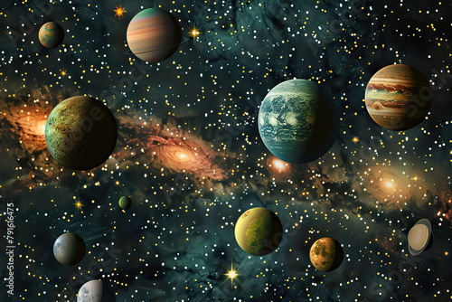 Generative ai on theme of parade of planets in solar system, bright stars glow in atmosphere