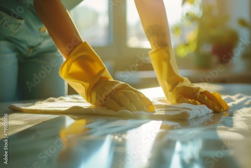 Female cleaner close-up, hands are in protective yellow gloves, housewife, woman polishing table top with cloths, professional cleaning service working