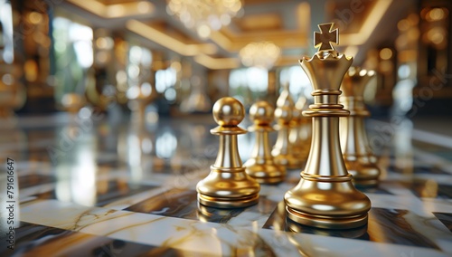 The king chess piece is highlighted with grandeur amidst other pieces in a strategic arrangement on the chessboard Strategy, leadership, checkmate, game, tactics