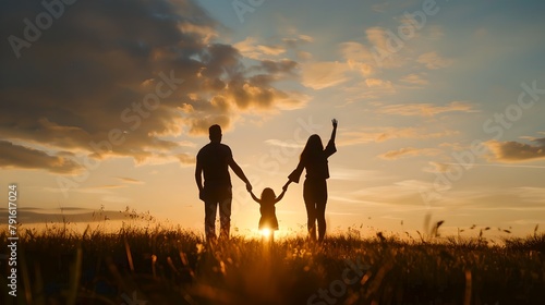 Silhouetted family holding hands at sunset, joyful moment in nature. Backlit shot capturing love and togetherness in a field. Serene family time during golden hour. AI photo