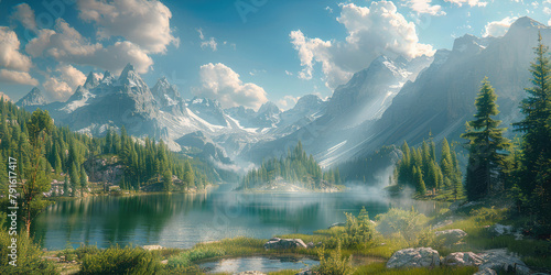 A small lake is nestled in the dense conifers and multiple towering peaks give a sense of immense scale. Generative AI.