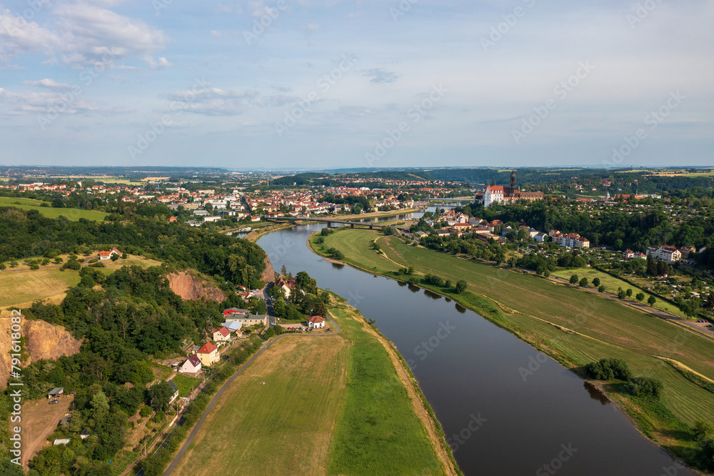 Aerial view of the tourist city of Meissen, Germany, Elbe river, Albrechtsburg castle. Famous tourist destination.