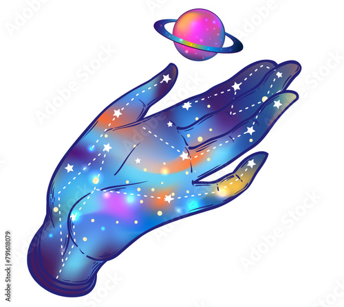 Open hand with the all-seeing eye on the palm. Occult design vector illustration. Dotwork ink tattoo flash design. Vector illustration isolated on white. Astrology, Sacred Spirit. Masonic sign.