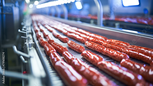 Photo of a conveyor belt appetizing grilled sausages with hot dogs products ready for automatic packaging. Concept with automated food production.
 photo